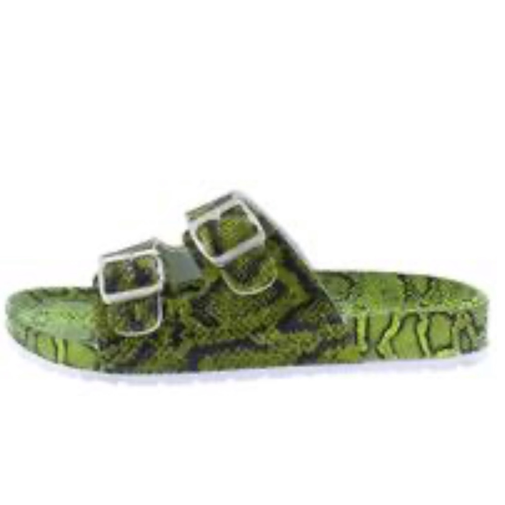 Neon green snake print double buckle sandals